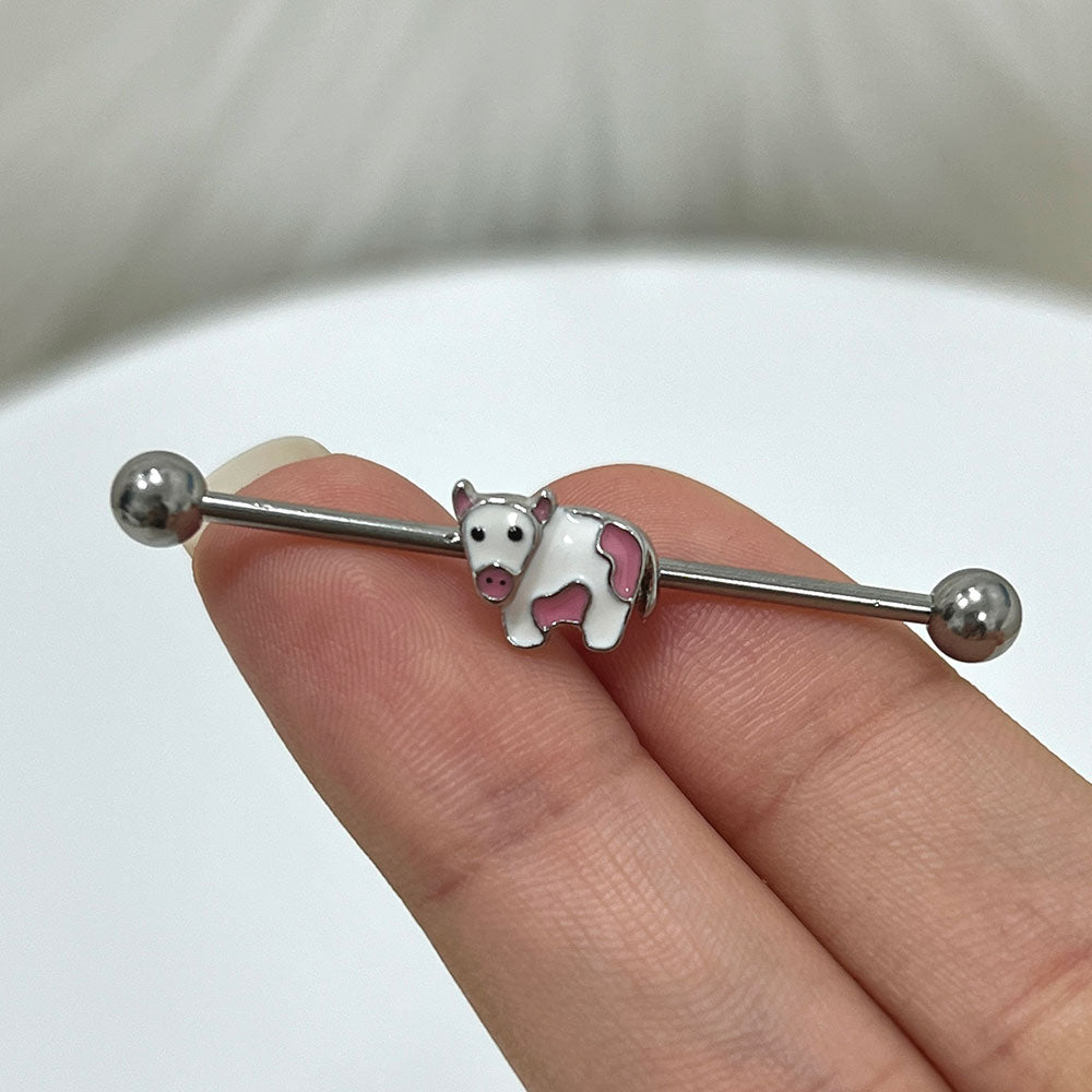 Surgical Steel 14 Gauge Industrial Barbell with Cute Cow - photo 3
