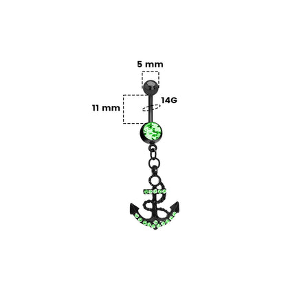 Surgical Steel 14 Gauge Belly Ring PVD Black with CZ Dangle Anchor - photo 2