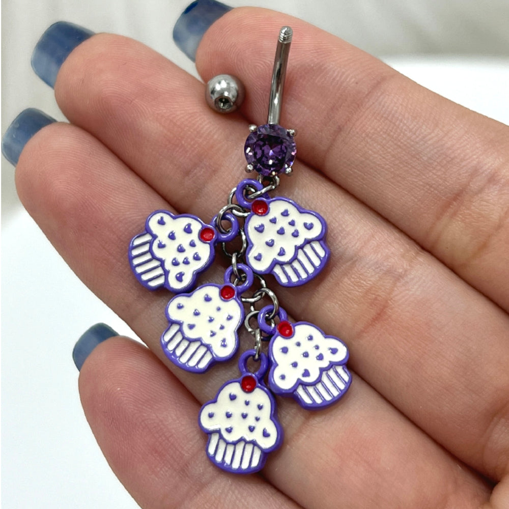 Surgical Steel 14 Gauge Belly Ring with Purple Cupcake CZ Dangle - photo 3