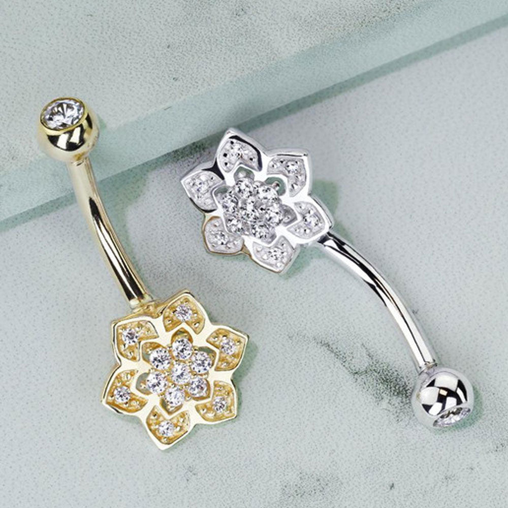 14K Solid Gold 14 Gauge Belly Ring with Petals Flower Cluster CZ - photo 3