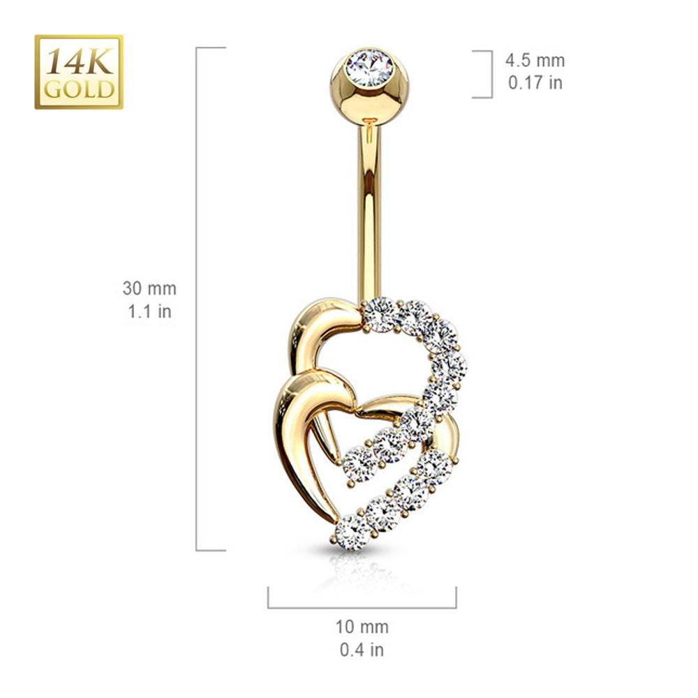 14K Solid Gold 14 Gauge Belly Ring with Double Heart Sparkle CZ - photo 4
