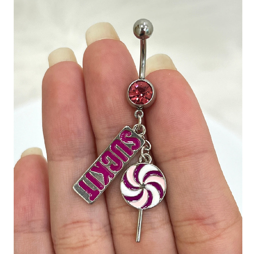 Surgical Steel 14 Gauge Belly Ring with Lollipop SUCKIT Dangle CZ - photo 3