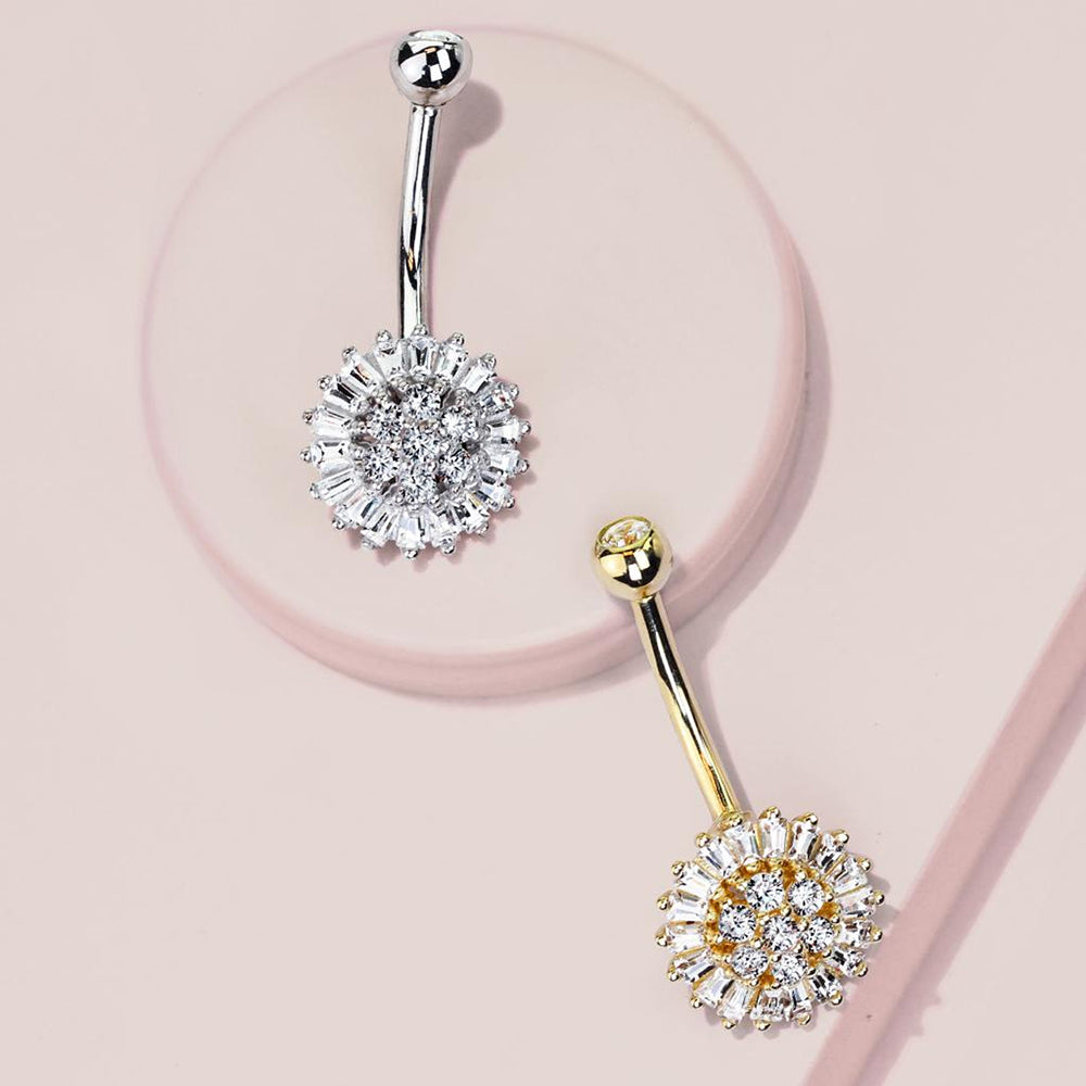 14K Solid Gold 14 Gauge Belly Ring with Clear CZ Sun Flower - photo 4