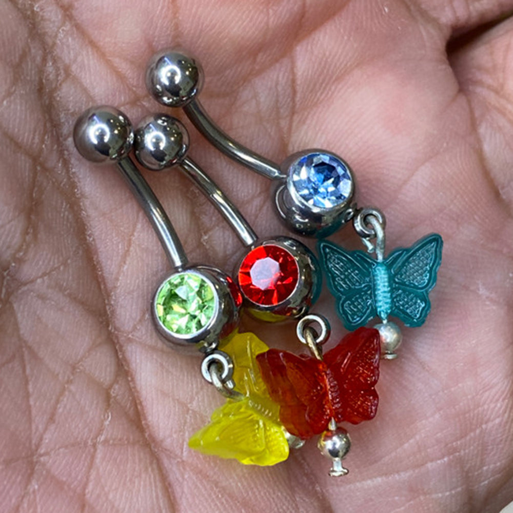 Surgical Steel 14 Gauge Belly Ring with CZ Butterfly Acrylic Dangling - photo 2