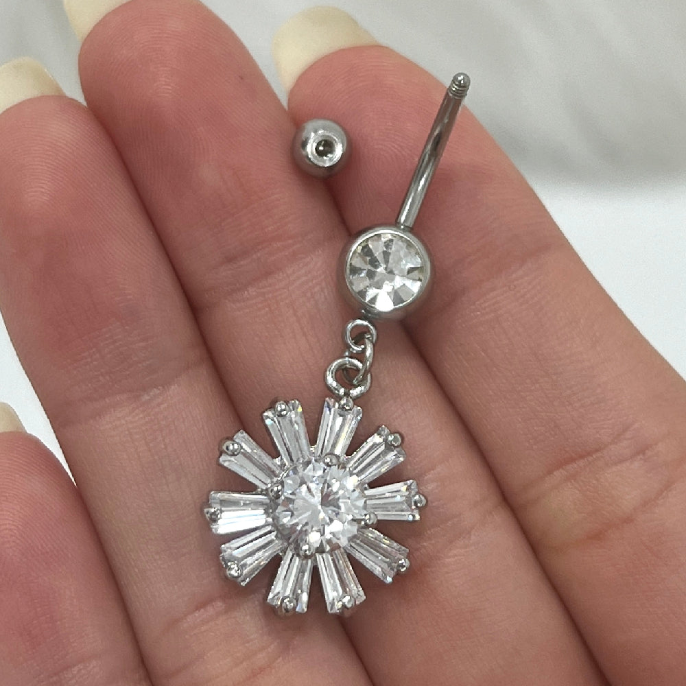 Surgical Steel 14 Gauge Belly Ring with CZ Flower Dangle - photo 3