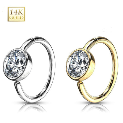 14K Solid Gold 20 Gauge Bendable Nose Hoop with Fixed Bead CZ - photo 2