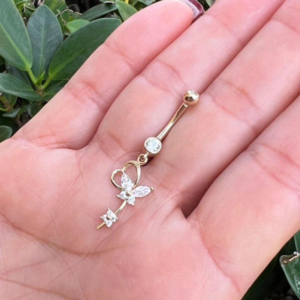 14K Solid Gold 14 Gauge Belly Ring with Flower Crystal CZ Butterfly - photo 2