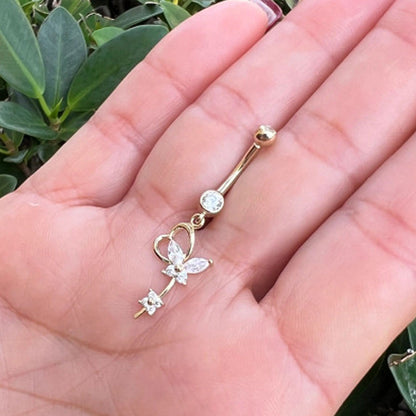 14K Solid Gold 14 Gauge Belly Ring with Flower Crystal CZ Butterfly - photo 2