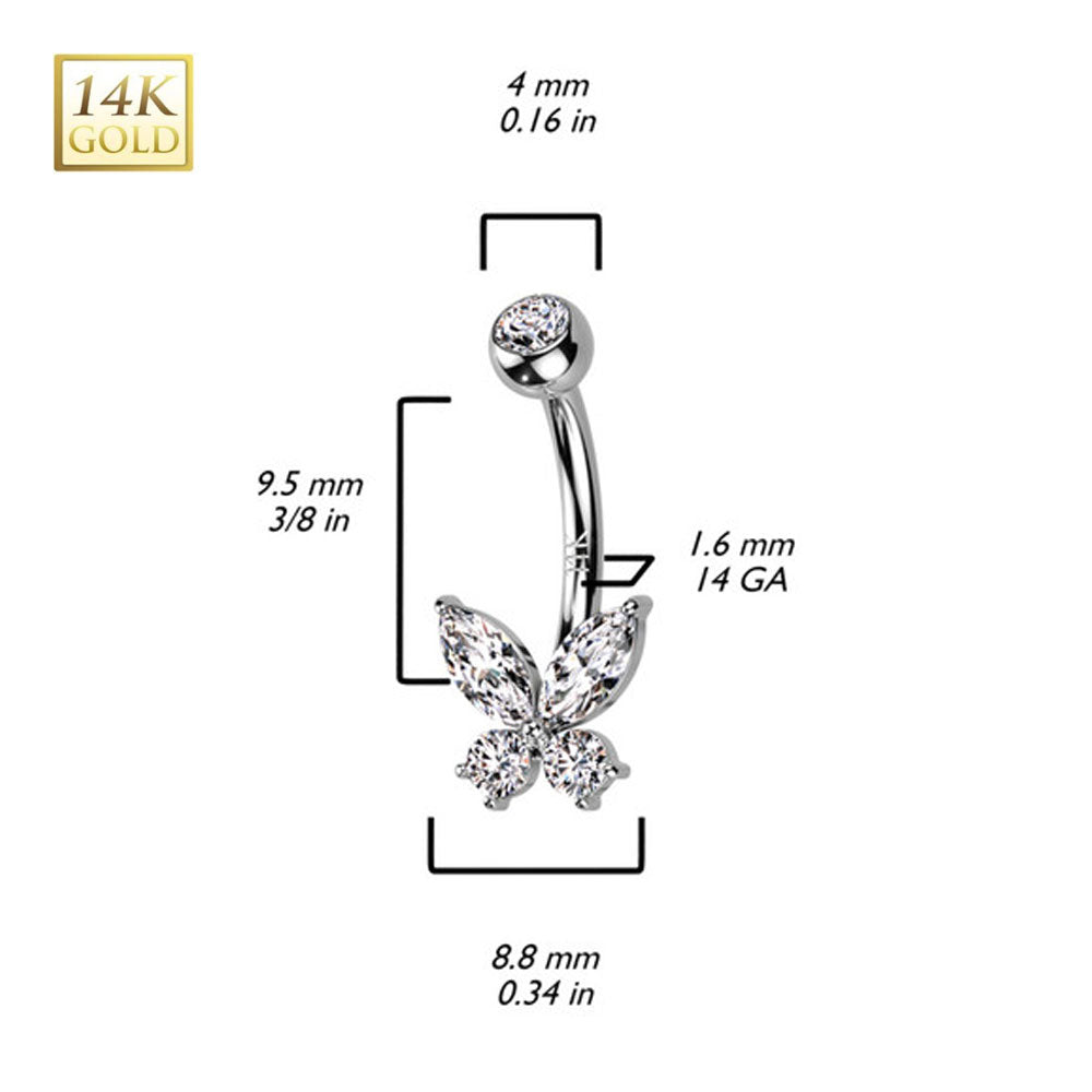 14K Solid Gold 14 Gauge CZ Butterfly Belly Button Ring
