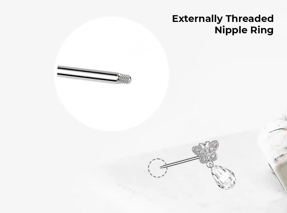 Surgical Steel Nipple Barbell 14G 12mm with Butterfly CZ - Pair - photo 3