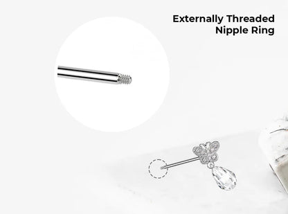 Surgical Steel Nipple Barbell 14G 12mm with Butterfly CZ - Pair - photo 3