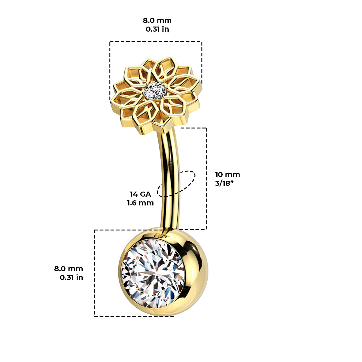 Titanium Belly Ring 14G 10mm with Lotus Flower CZ - photo 3