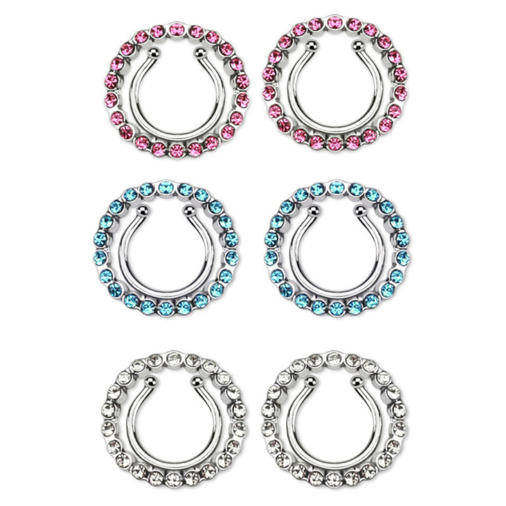 Surgical Steel Paved Circle CZ Clip On Nipple Rings - Pair
