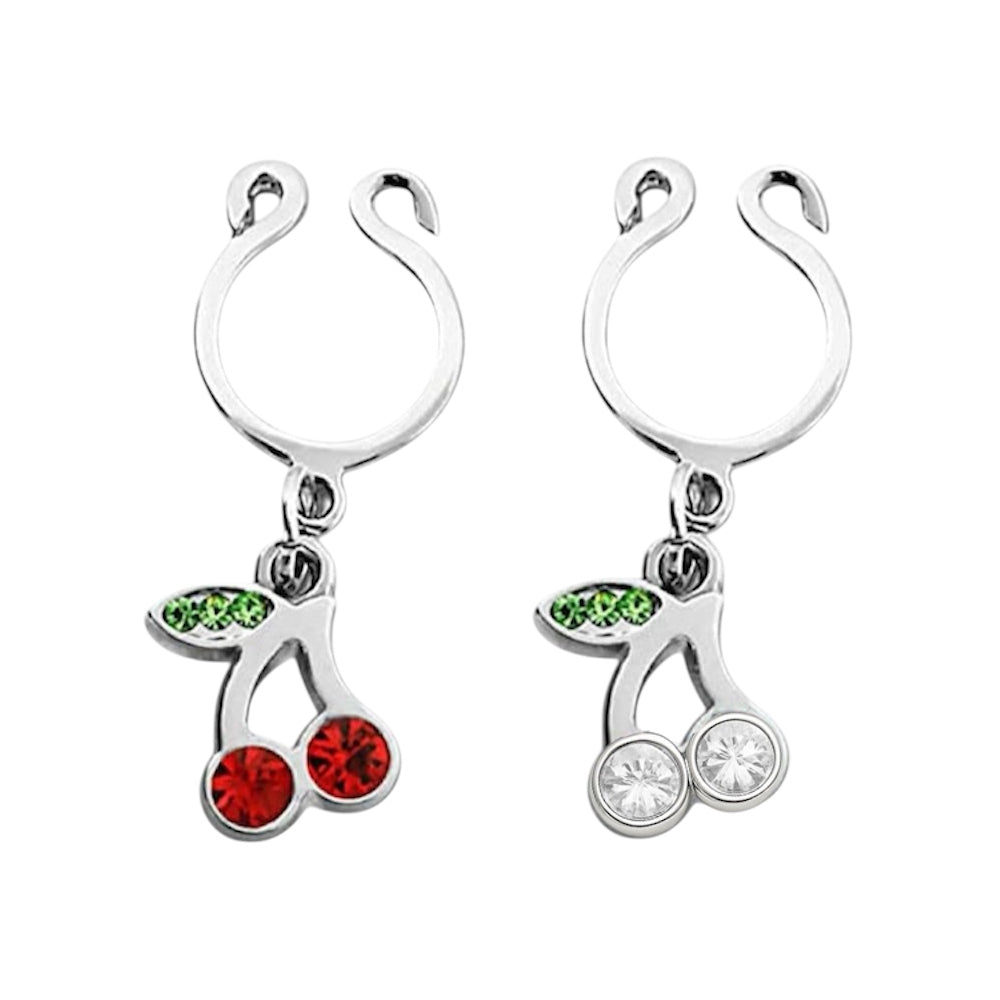 Surgical Steel Clip On Nipple Rings with Dangle Cherries - Pair