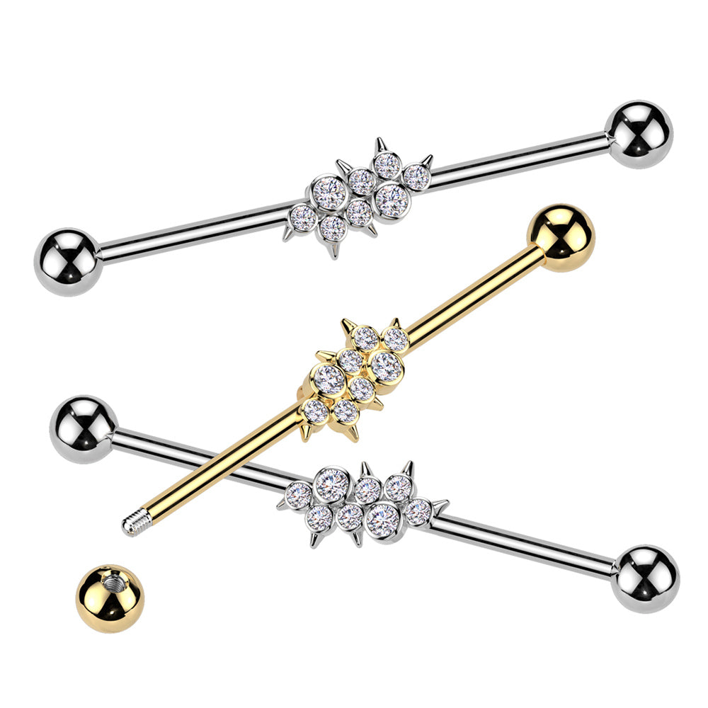 Surgical Steel Industrial Barbell 14G with CZ Spikes - 2 Colors - photo 3
