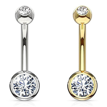 14K Solid Gold 14 Gauge Curved Barbell Belly Ring with Double CZ