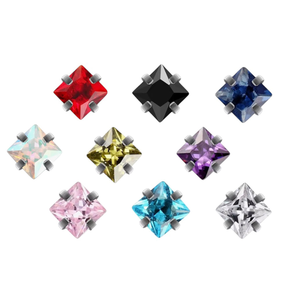 Surgical Steel 14 Gauge Prong Square CZ Dermal Tops - 9 Pack