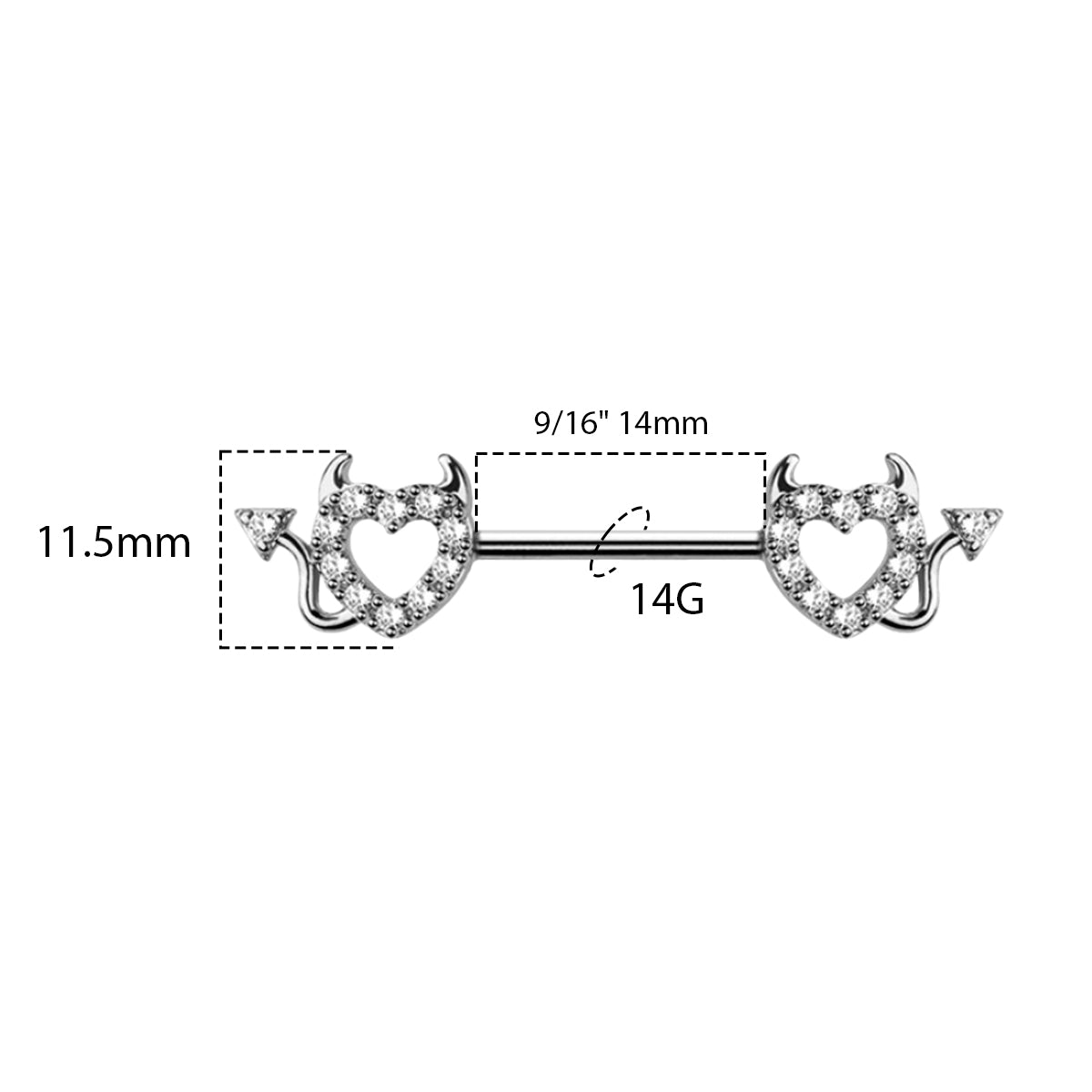 Surgical Steel Nipple Barbell 14G 14mm with CZ Devil Heart - Pair - photo 2