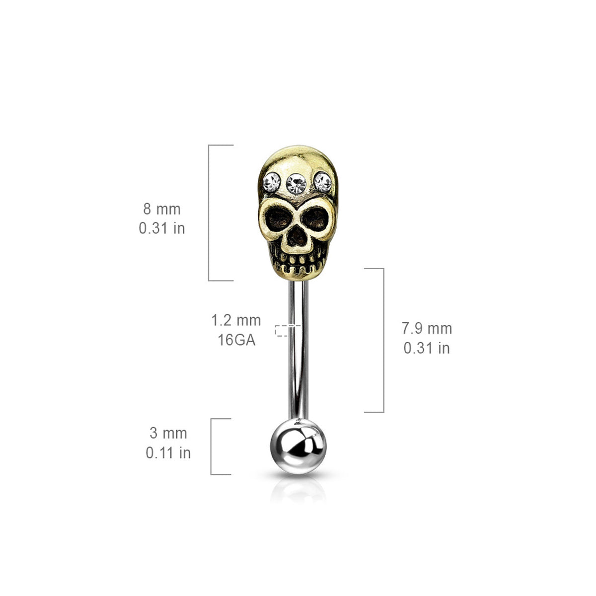 Surgical Steel 16 Gauge Eyebrow Barbell with CZ Antique Gold Skull - photo 2