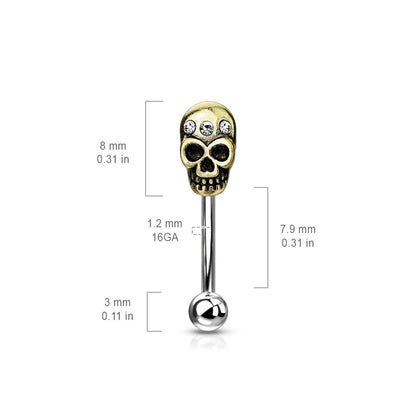 Surgical Steel 16 Gauge Eyebrow Barbell with CZ Antique Gold Skull - photo 2
