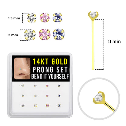 14K Solid Gold Fishtail Nose Stud 22G 11mm with CZ - 3 Colors