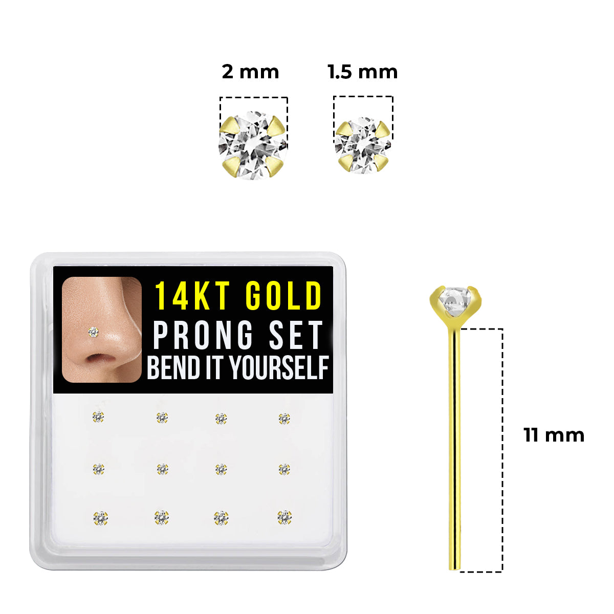 14K Solid Gold 22 Gauge Clear CZ Top Fishtail Nose Stud