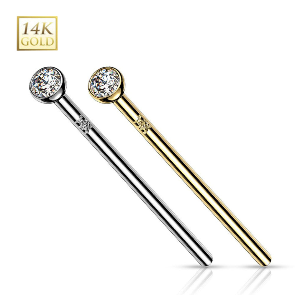 14K Solid Gold 20 & 18 Gauge Bezel Set CZ Fishtail Nose Stud