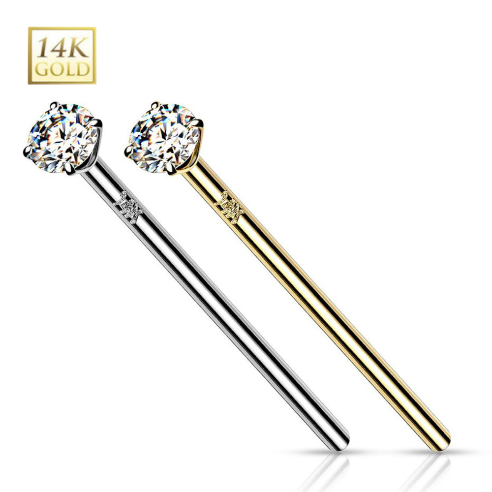 14K Solid Gold 20 & 18 Gauge Prong Set CZ Fishtail Nose Stud