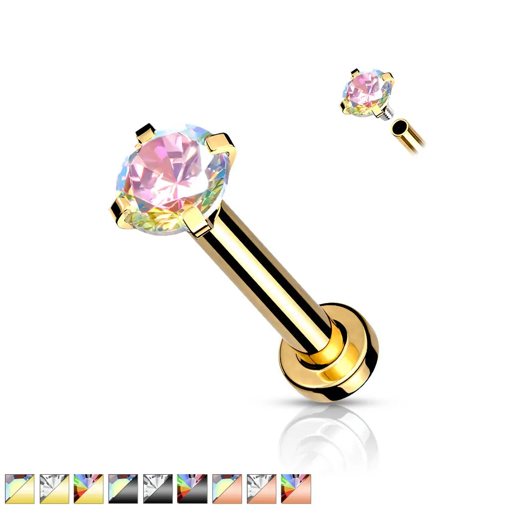 Surgical Steel 18 Gauge Prong CZ Top Flat Back Labret Stud - Style 2