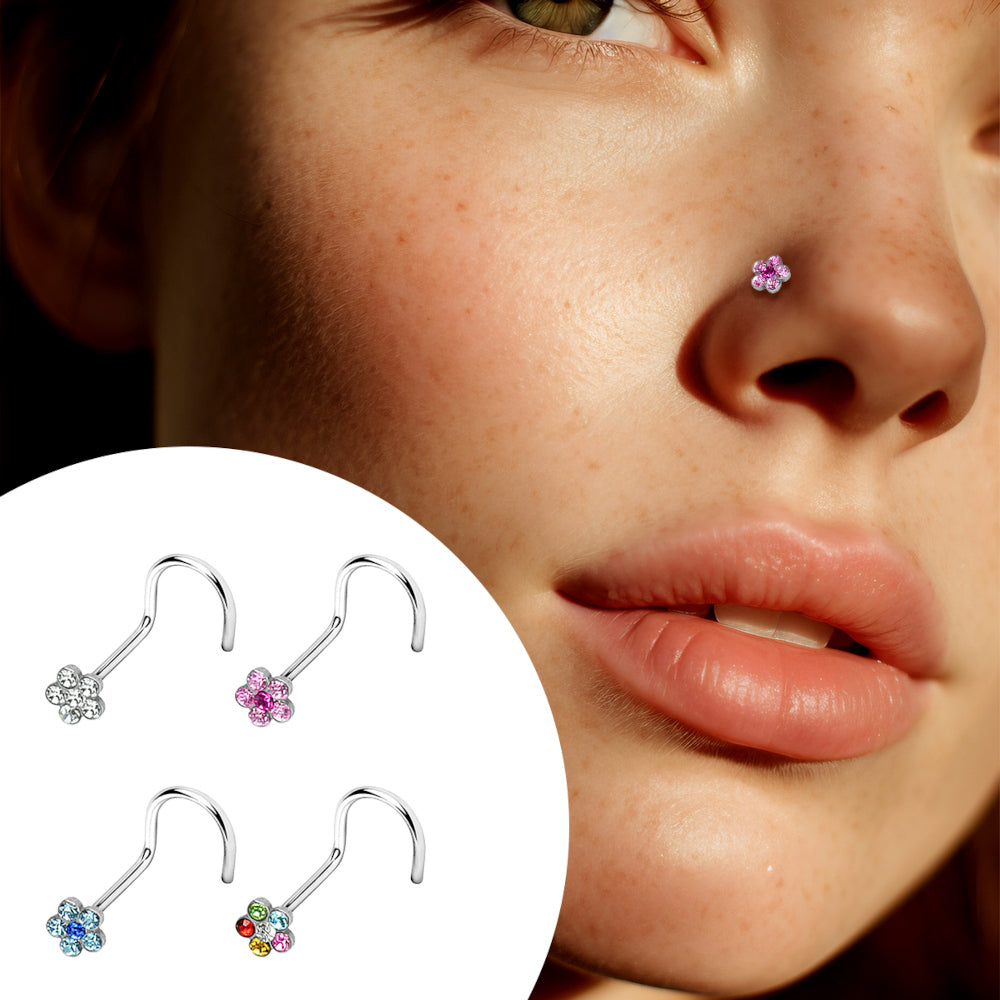 Surgical Steel Corkscrew Nose Ring 18G & 20G 6mm with CZ Flower - photo 2