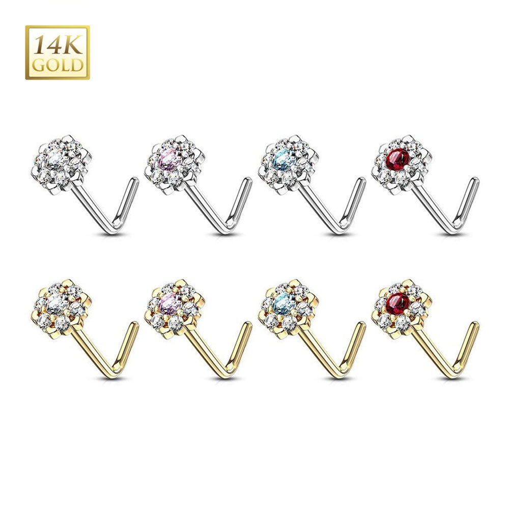 14K Solid Gold 20 Gauge L Shaped Nose Stud with CZ Flower