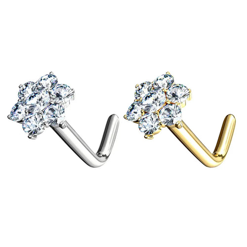 14 Karat Solid Gold Nose Ring Stud 20 18 Gauge 1/4" L Bend & CZ Flower - Kruelty
