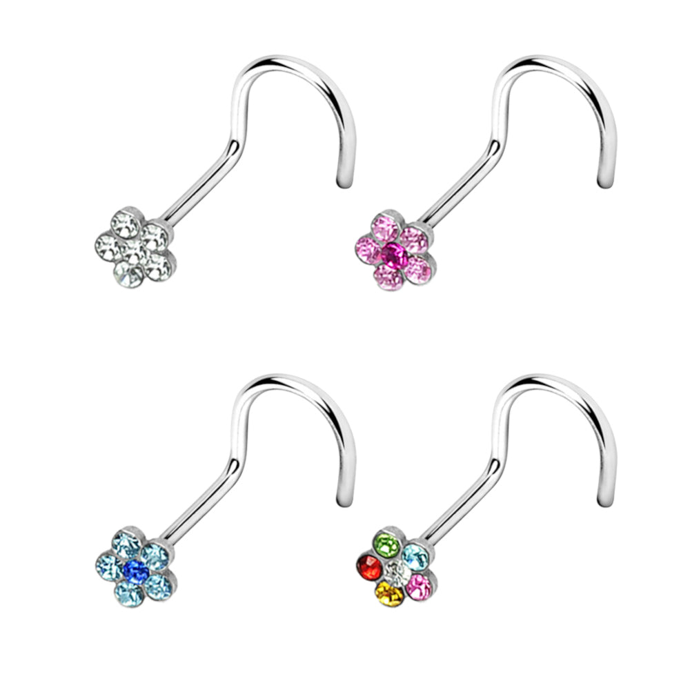 Surgical Steel Corkscrew Nose Ring 18G & 20G 6mm with CZ Flower