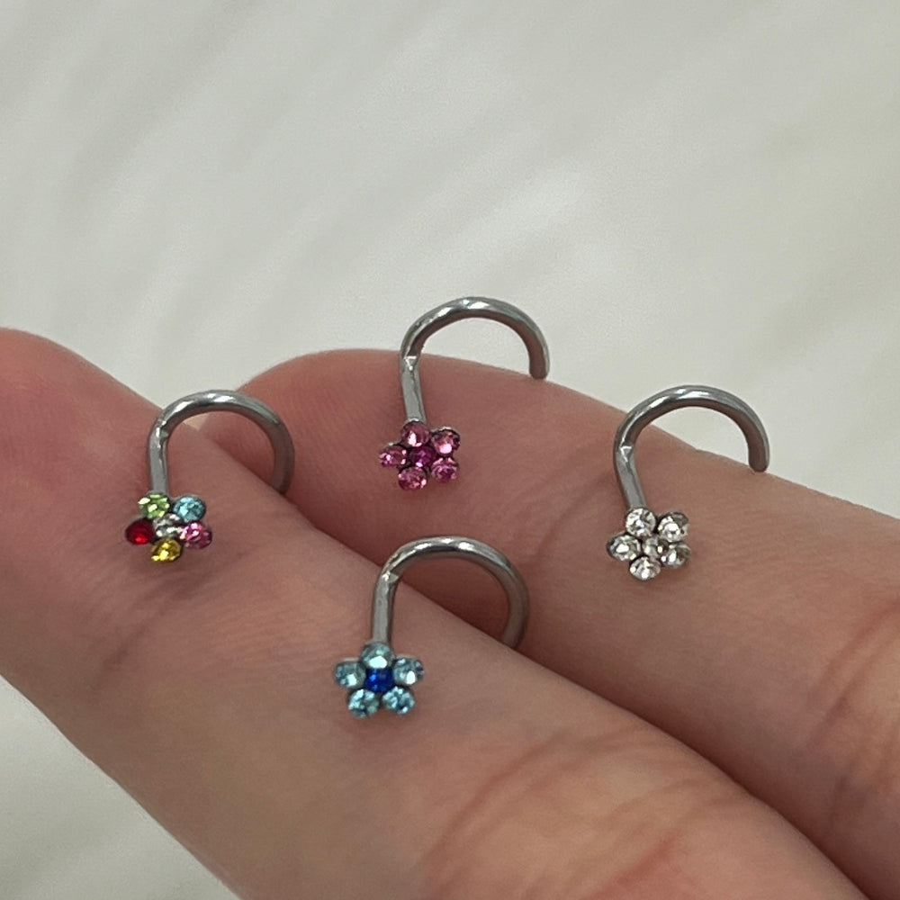 Surgical Steel Corkscrew Nose Ring 18G & 20G 6mm with CZ Flower - photo 3