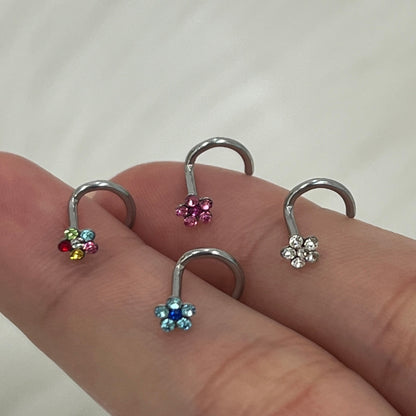 Surgical Steel Corkscrew Nose Ring 18G & 20G 6mm with CZ Flower - photo 3