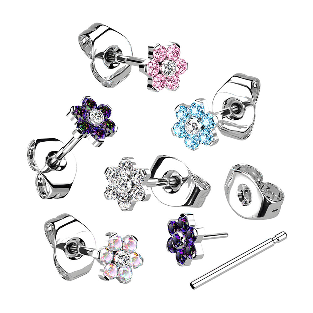Titanium 20 Gauge CZ Flower End Earring Studs - Pair