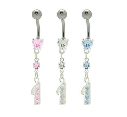 Surgical Steel 14 Gauge Belly Ring with Dangle Number 1 and CZ Heart