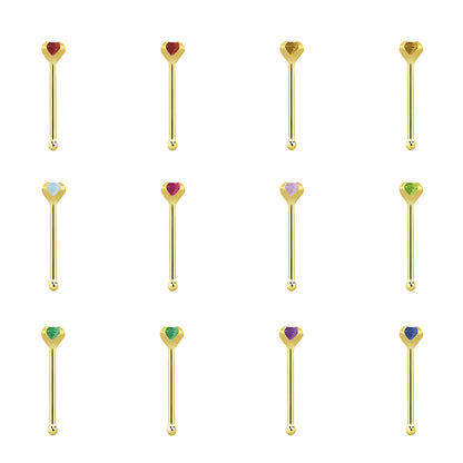14K Solid Gold Nose Bone Stud 22G 6mm with 2mm CZ - 9 Gem Colors