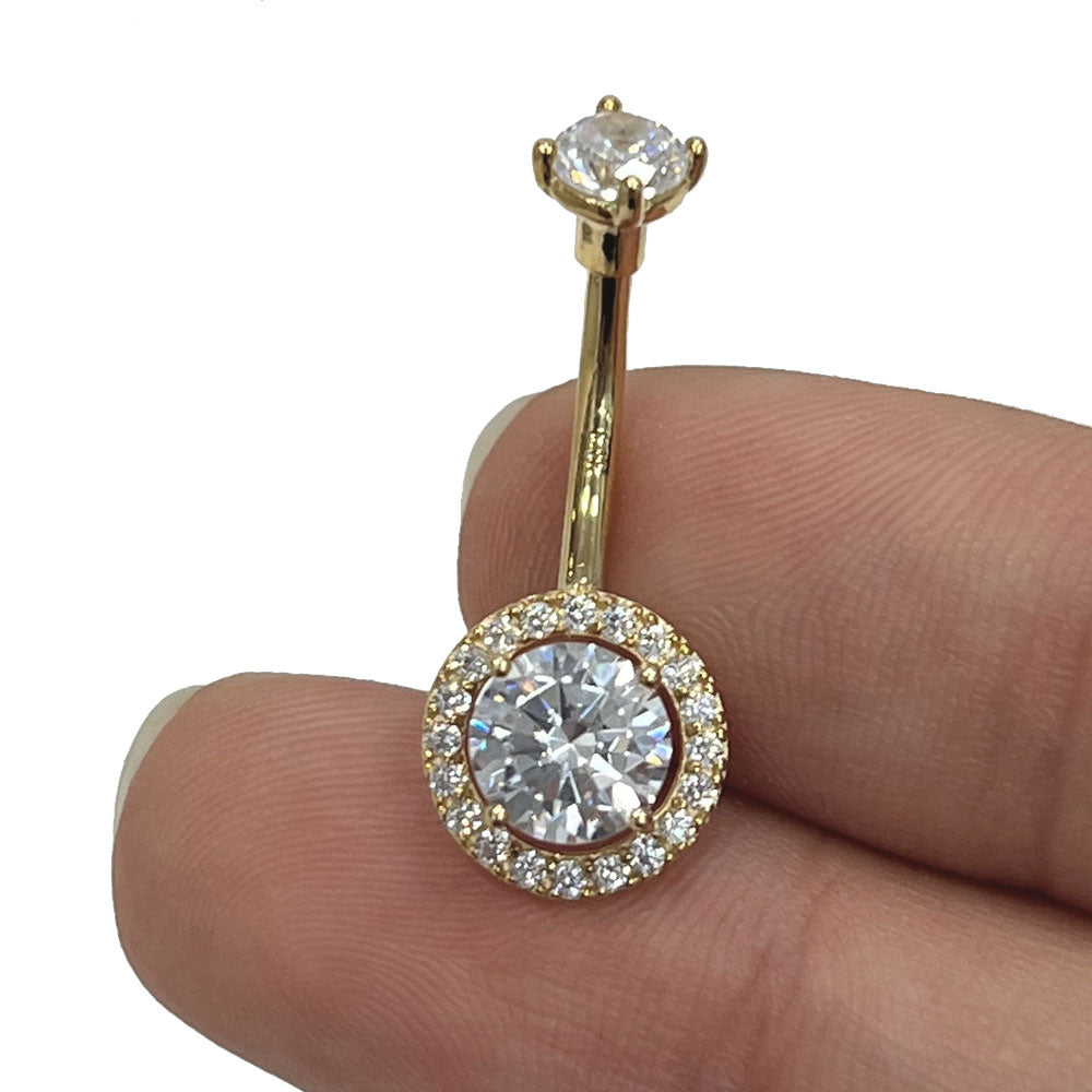 14K Solid Gold 14 Gauge Belly Ring with CZ Halo - photo 2