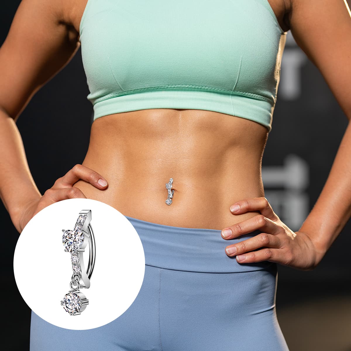 Surgical Steel Hinged Belly Ring 14G 12mm with CNC-Set CZ Heart Dangle - photo 3