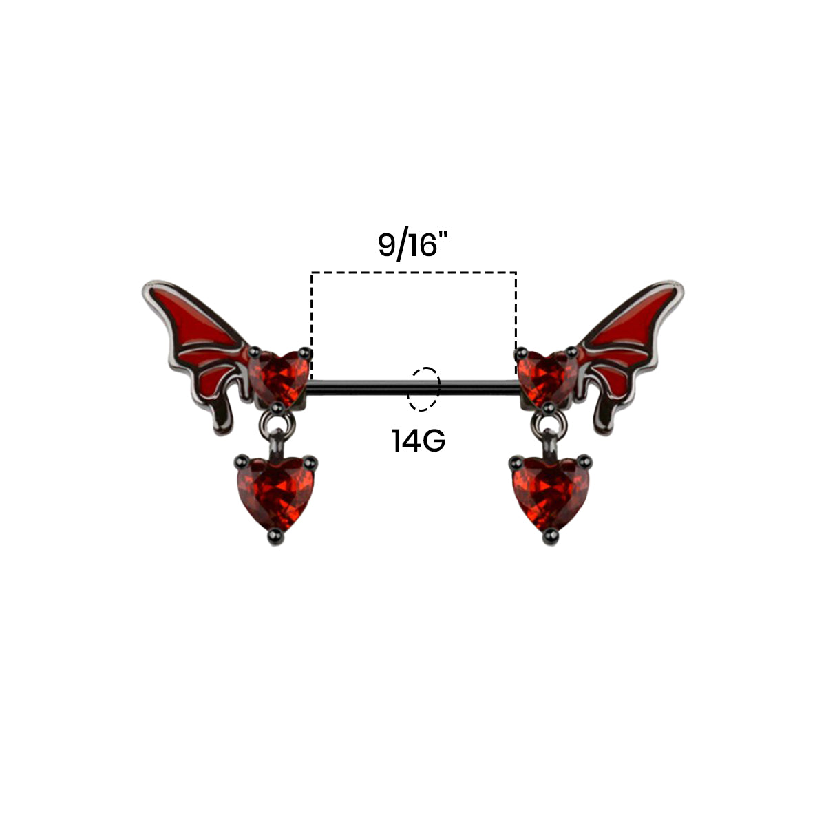 Surgical Steel Nipple Barbell 14G 14mm with Red CZ Heart Wings - Pair - photo 2