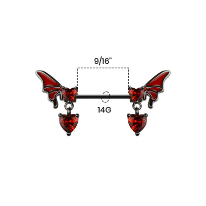 Surgical Steel Nipple Barbell 14G 14mm with Red CZ Heart Wings - Pair - photo 2