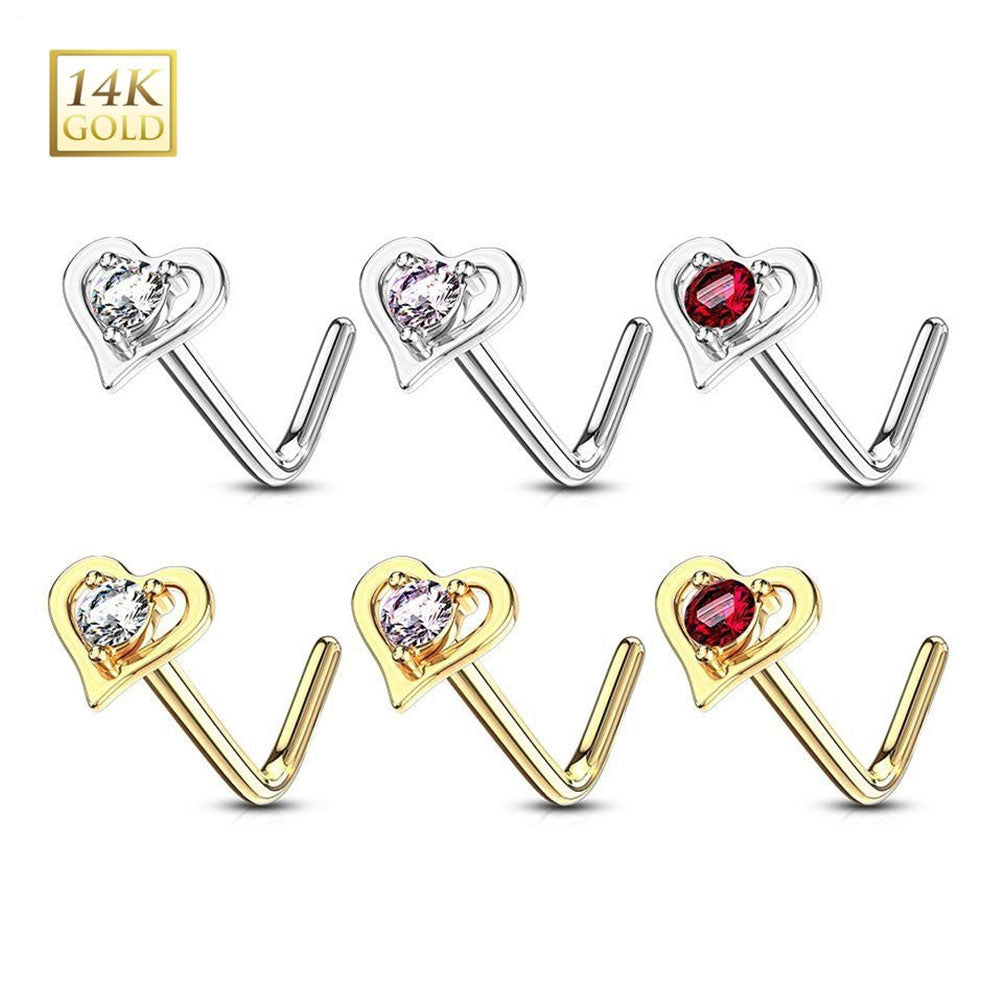 14K Solid Gold 20 Gauge L Shaped Nose Stud with Center CZ Heart