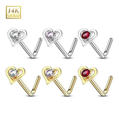 14K Solid Gold 20 Gauge L Shaped Nose Stud with Center CZ Heart