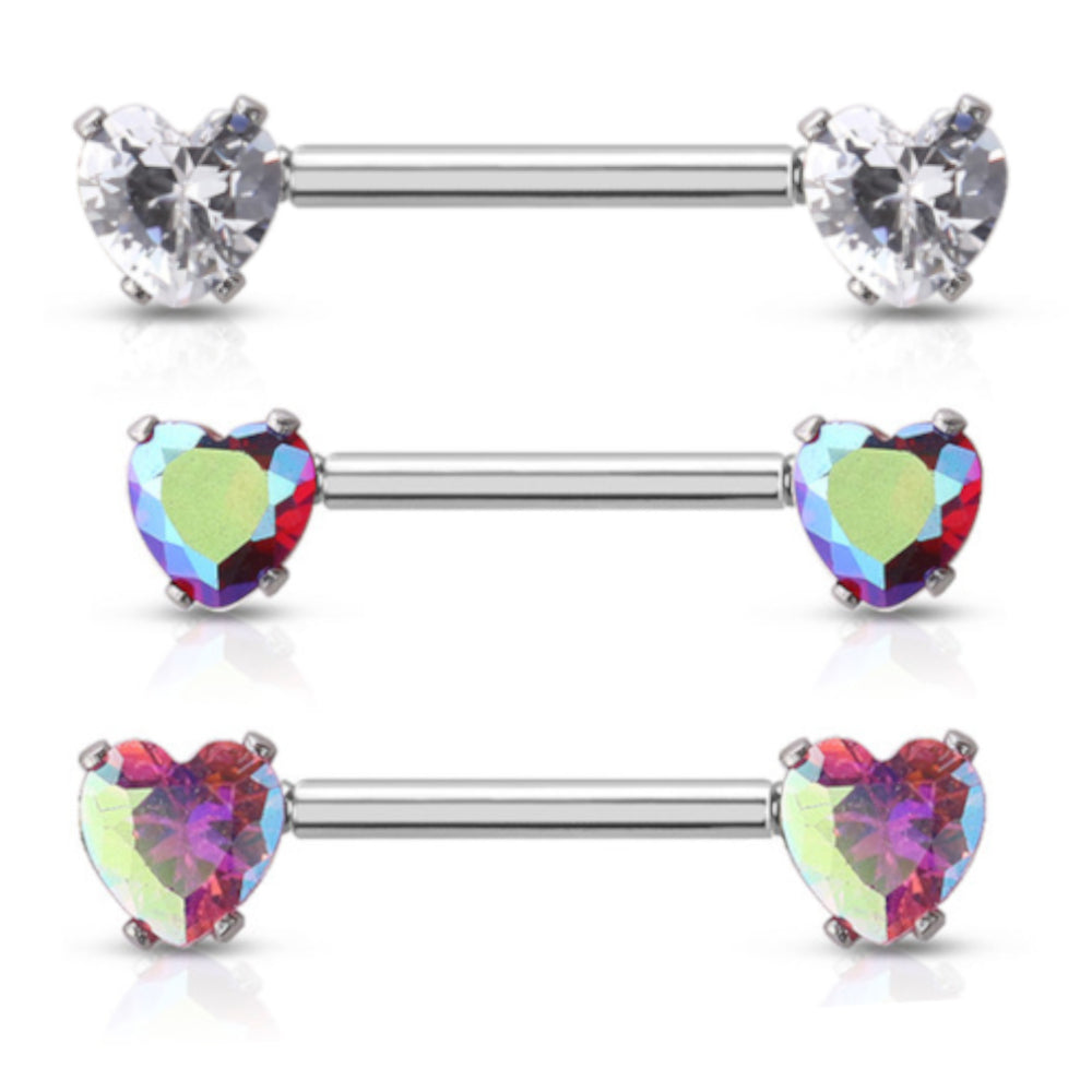 Surgical Steel 14 Gauge Nipple Barbell with CZ Heart Prong Set - Pair