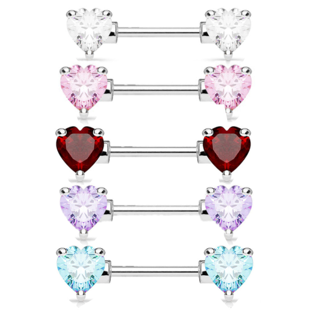 Surgical Steel 14 Gauge Nipple Barbell with CZ Heart - Pair