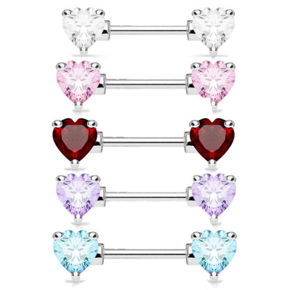 Surgical Steel 14 Gauge Nipple Barbell with CZ Heart - Pair