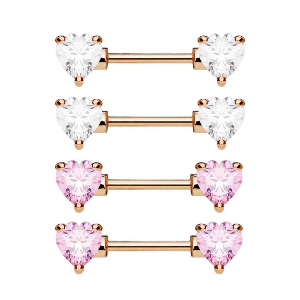 Rose Gold Surgical Steel 14 Gauge Nipple Barbell with CZ Heart - Pair