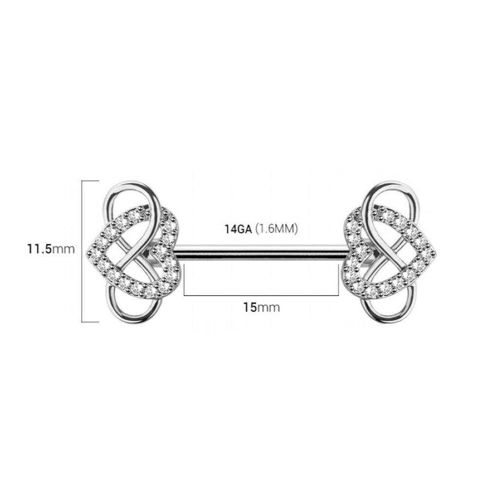 Surgical Steel Nipple Barbell 14G 14mm with Infinity Heart CZ - Pair - photo 2