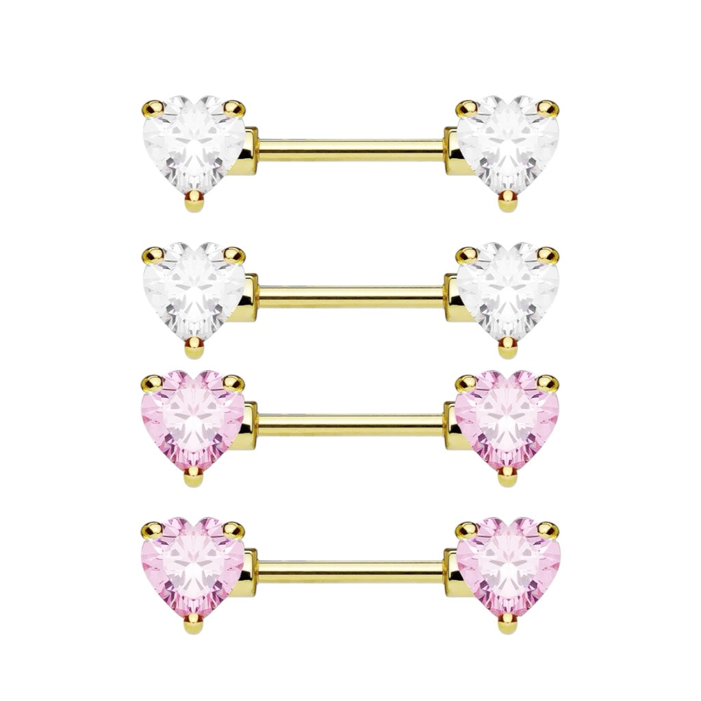 Gold Surgical Steel 14 Gauge Nipple Barbell with CZ Heart - Pair